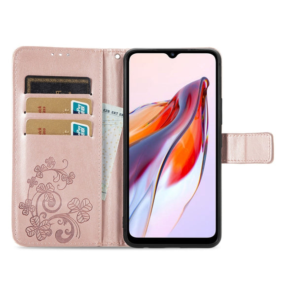 For Xiaomi Redmi 12C Four-leaf Clasp Embossed Buckle Leather Phone Case(Rose Gold)