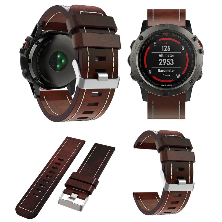 For Garmin Fenix 3 26mm Sewing Leather Steel Buckle Watch Band(Black)