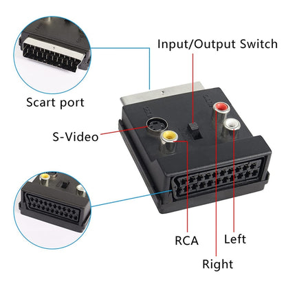 JUNSUNMAY 21 Pin Scart Male to Female S-Video 3 RCA Adapter Switchable in Out Audio Converter - free shipping - PMC Jewellery - Order now!