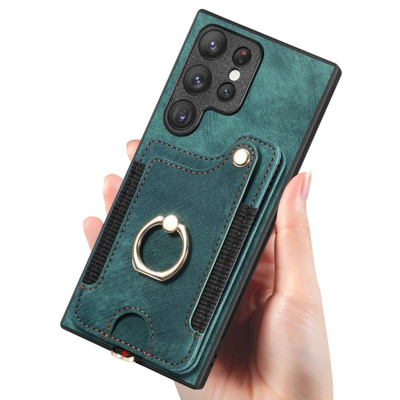 For Samsung Galaxy S22 Ultra 5G Retro Skin-feel Ring Multi-card Wallet Phone Case(Green)