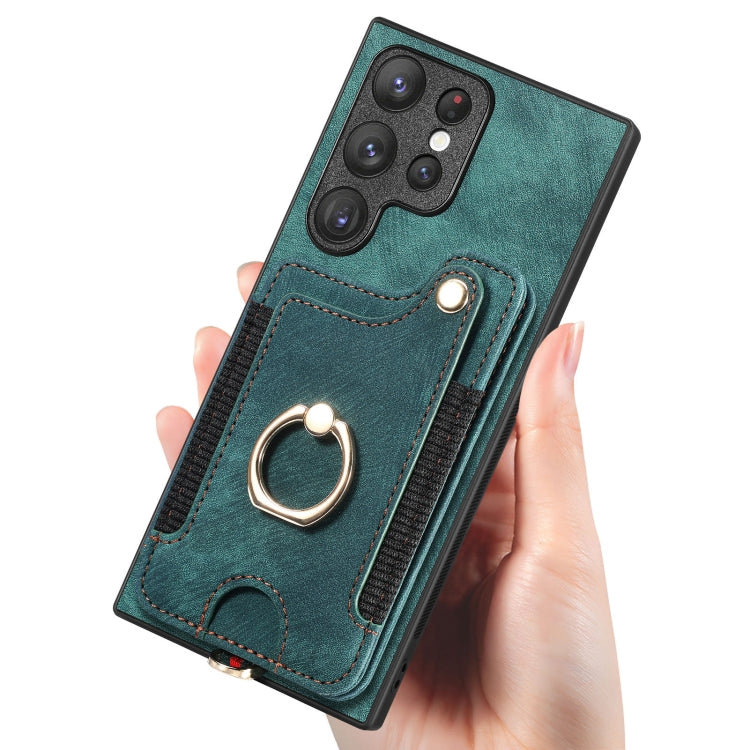 For Samsung Galaxy S22 Ultra 5G Retro Skin-feel Ring Multi-card Wallet Phone Case(Green)