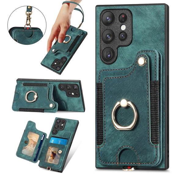 For Samsung Galaxy S22 Ultra 5G Retro Skin-feel Ring Multi-card Wallet Phone Case(Green)