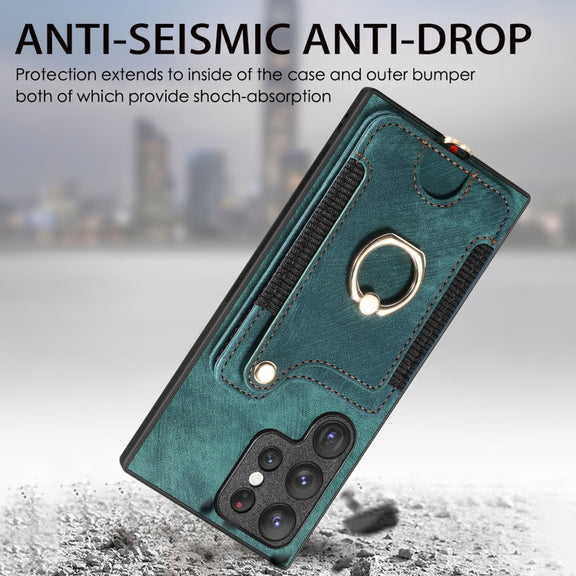 For Samsung Galaxy S22 Ultra 5G Retro Skin-feel Ring Multi-card Wallet Phone Case(Green)