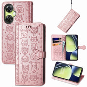 For OnePlus Nord CE 3 Lite Cat and Dog Embossed Leather Phone Case(Rose Gold)