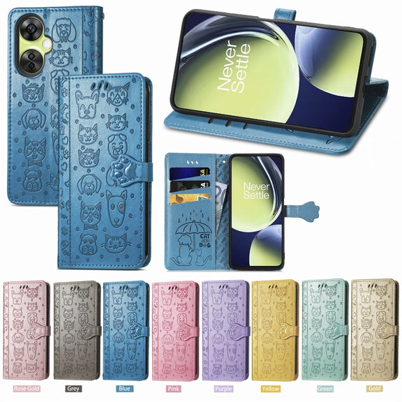 For OnePlus Nord CE 3 Lite Cat and Dog Embossed Leather Phone Case(Gold)