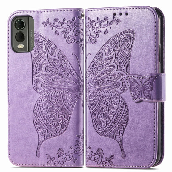 For Nokia C32 Butterfly Love Flower Embossed Leather Phone Case(Lavender)