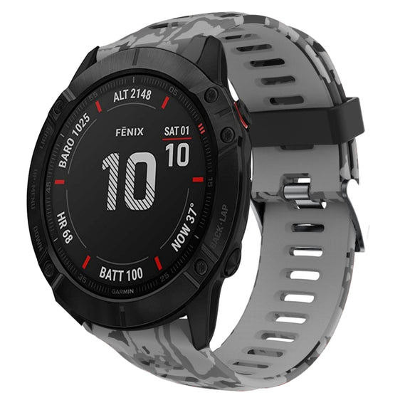 For Garmin Fenix 6X Pro 26mm Camouflage Printed Silicone Watch Band(Grey+Army Camouflage)