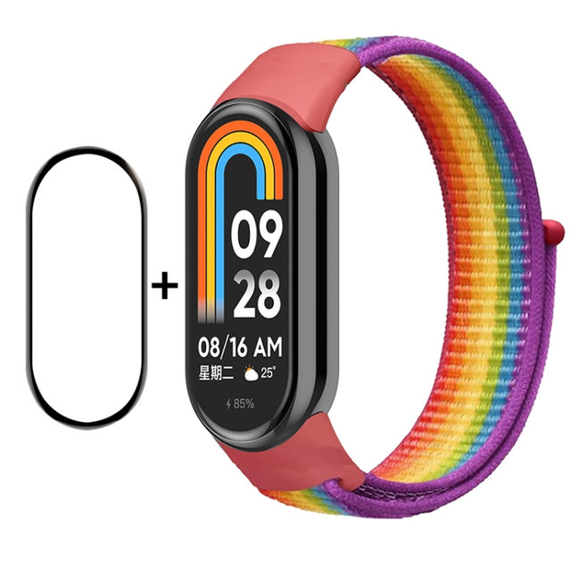 For Xiaomi Mi Band 8 ENKAY Hat-Prince 2 in 1 Set Full Coverage Screen Protector + Nylon Loop Watch Band(Rainbow+Purple)
