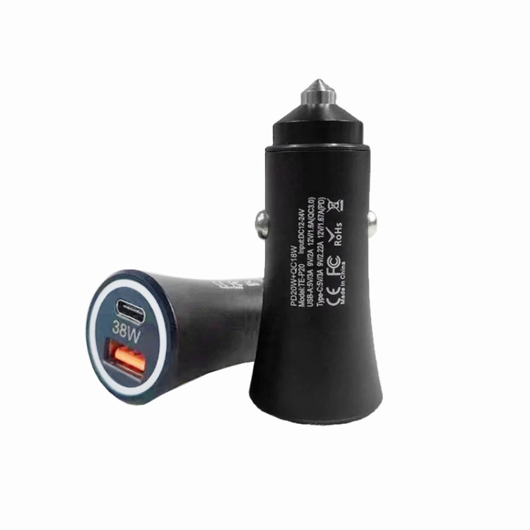 P20 38W PD3.0 20W + QC3.0 USB Safety Hammer Car Charger(Black) - Car Charger by PMC TechLife | Online Shopping South Africa | PMC TechLife