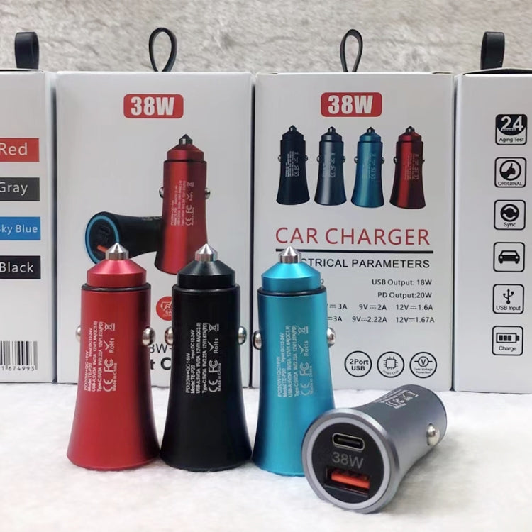 P20 38W PD3.0 20W + QC3.0 USB Safety Hammer Car Charger(Blue)