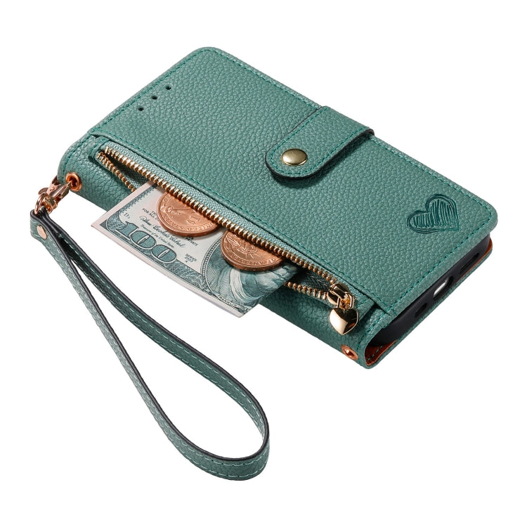 For iPhone 14 Love Zipper Lanyard Leather Phone Case(Green)