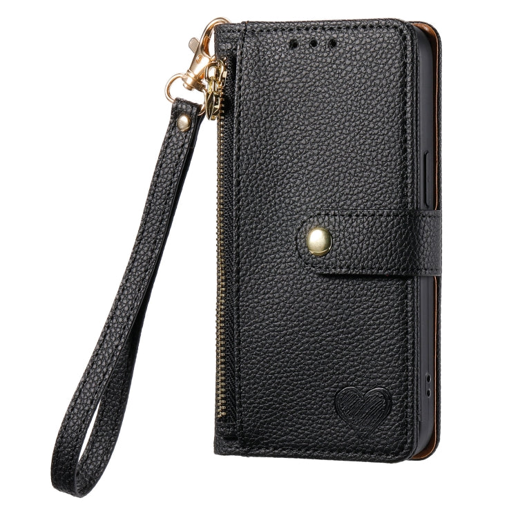 For iPhone 14 Pro Love Zipper Lanyard Leather Phone Case(Black)
