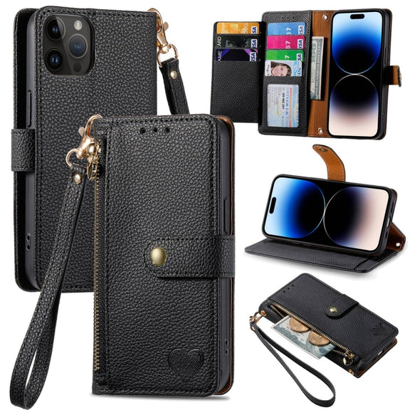 For iPhone 14 Pro Love Zipper Lanyard Leather Phone Case(Black)