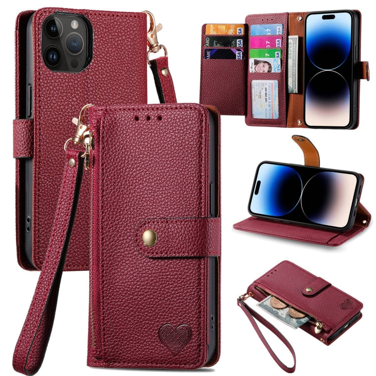 For iPhone 14 Pro Max Love Zipper Lanyard Leather Phone Case(Red) - free shipping - PMC TechLife - Order now!