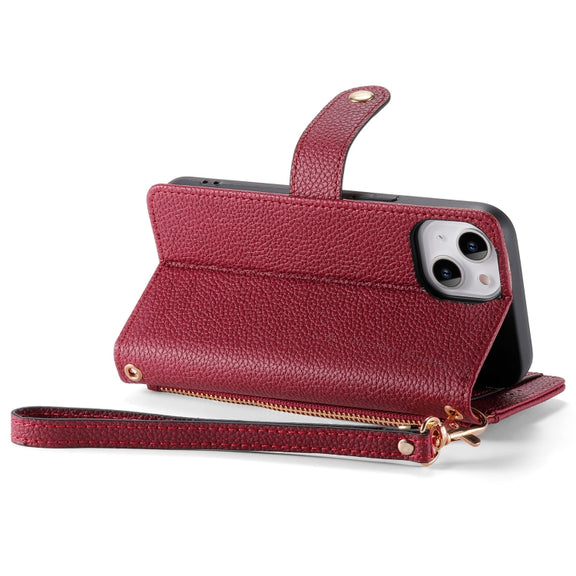 For iPhone 13 mini Love Zipper Lanyard Leather Phone Case(Red)