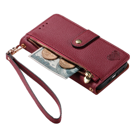 For iPhone 13 mini Love Zipper Lanyard Leather Phone Case(Red)