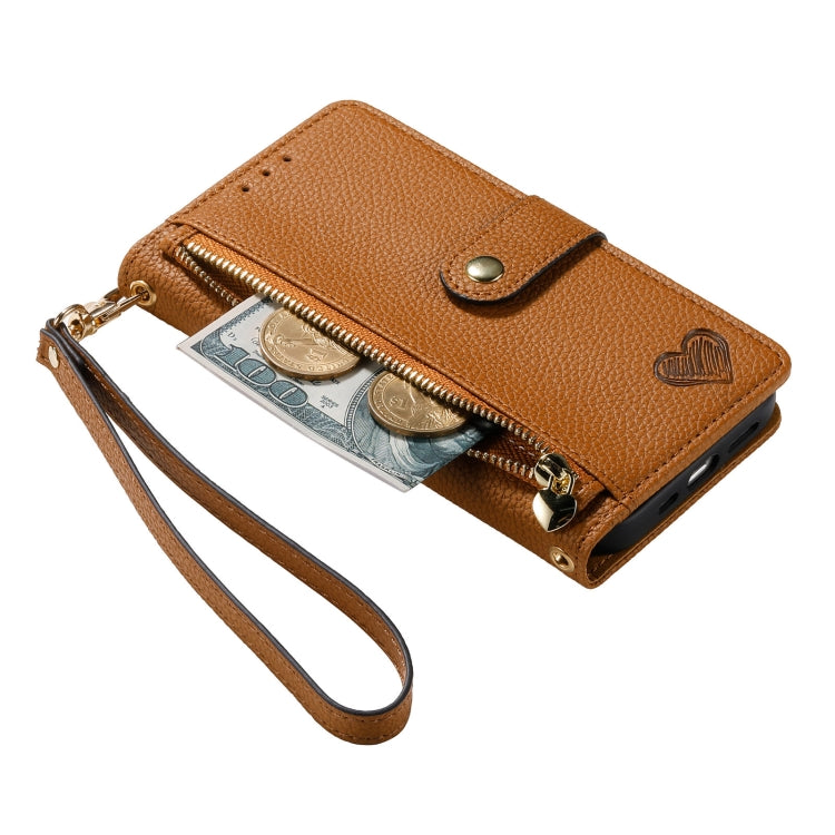 For iPhone 13 Pro Love Zipper Lanyard Leather Phone Case(Brown)
