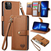For iPhone 13 Pro Love Zipper Lanyard Leather Phone Case(Brown)