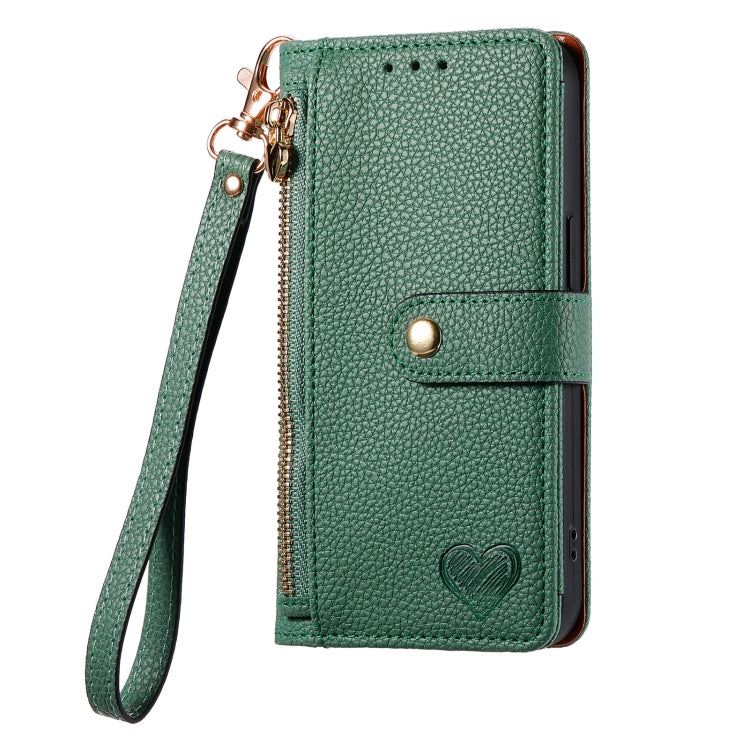 For iPhone 13 Pro Max Love Zipper Lanyard Leather Phone Case(Green)
