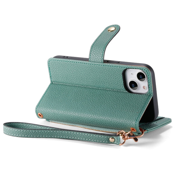 For iPhone 13 Pro Max Love Zipper Lanyard Leather Phone Case(Green)