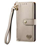 For iPhone 12 / 12 Pro Love Zipper Lanyard Leather Phone Case(Gray)