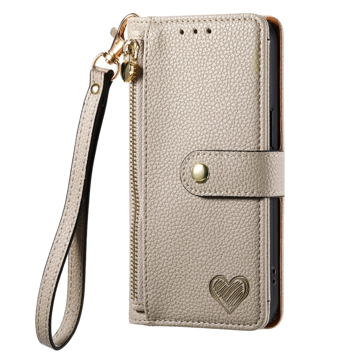 For iPhone 12 / 12 Pro Love Zipper Lanyard Leather Phone Case(Gray)