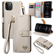For iPhone 12 / 12 Pro Love Zipper Lanyard Leather Phone Case(Gray)