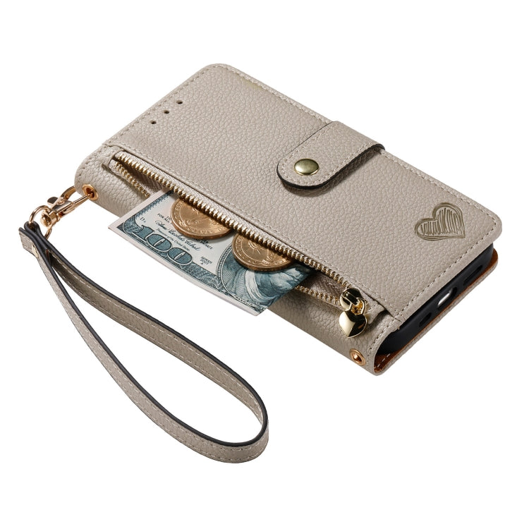 For iPhone 12 / 12 Pro Love Zipper Lanyard Leather Phone Case(Gray)