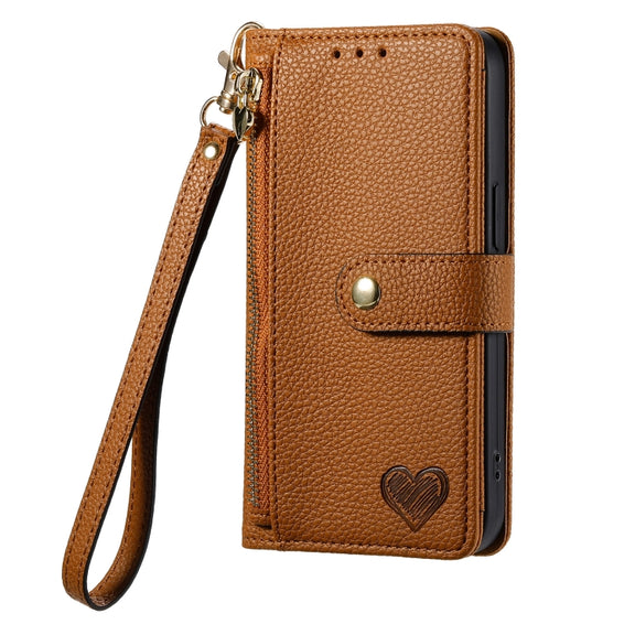 For iPhone 11 Pro Love Zipper Lanyard Leather Phone Case(Brown)