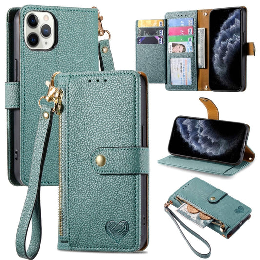 For iPhone 11 Pro Max Love Zipper Lanyard Leather Phone Case(Green) - free shipping - PMC Jewellery - Order now!