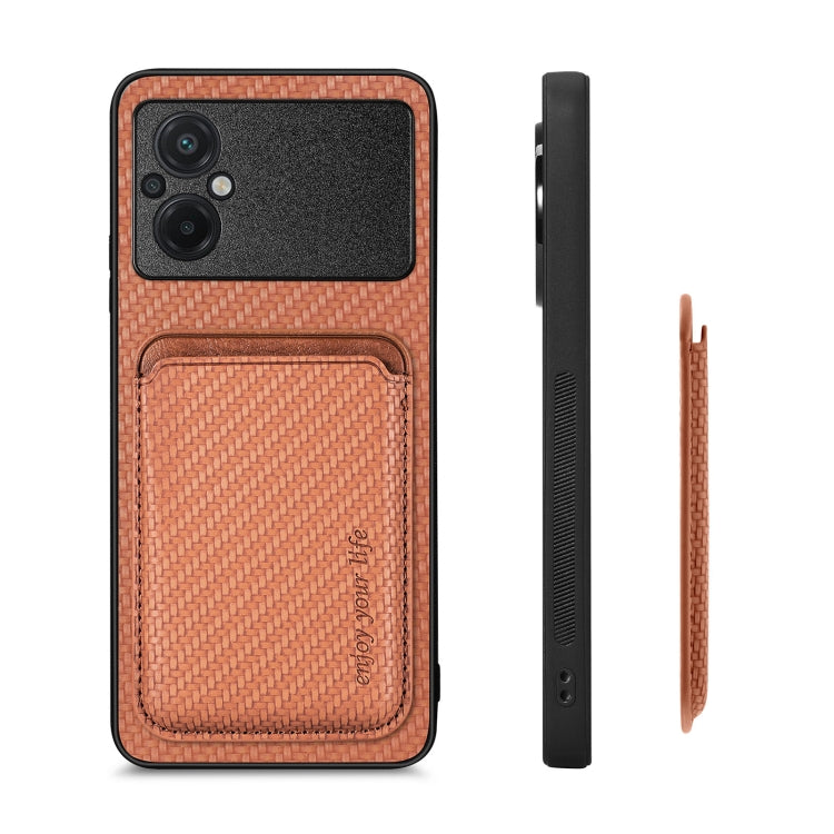 For Xiaomi Poco M5 4G Carbon Fiber Leather Card Magnetic Phone Case(Brown) - Xiaomi Cases by PMC TechLife | Online Shopping South Africa | PMC TechLife | Buy Now Pay Later Mobicred