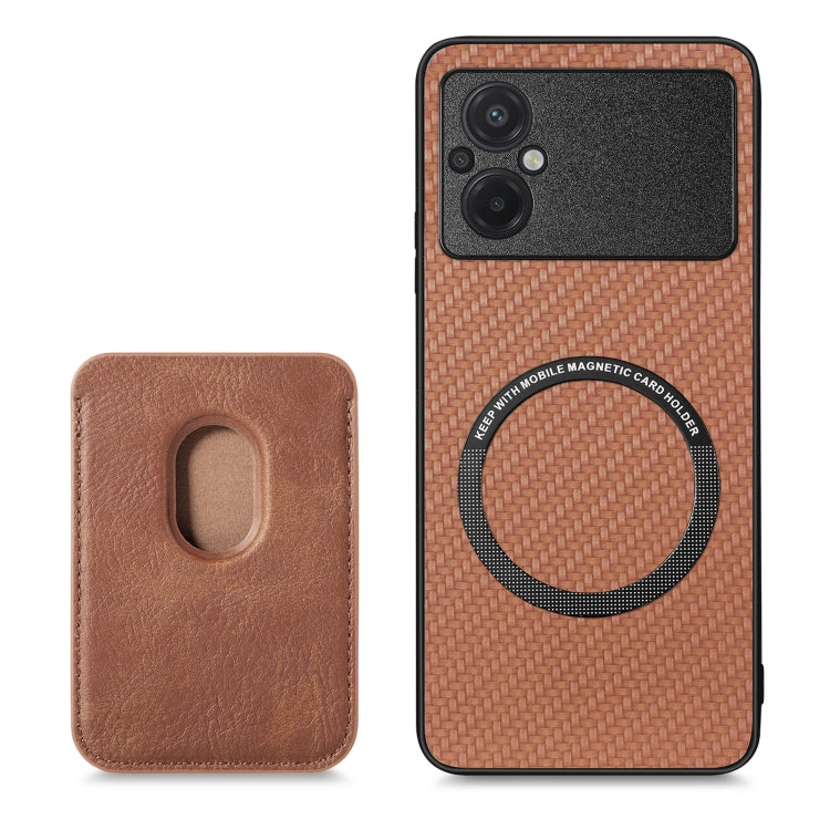 For Xiaomi Poco M5 4G Carbon Fiber Leather Card Magnetic Phone Case(Brown) - Xiaomi Cases by PMC TechLife | Online Shopping South Africa | PMC TechLife | Buy Now Pay Later Mobicred