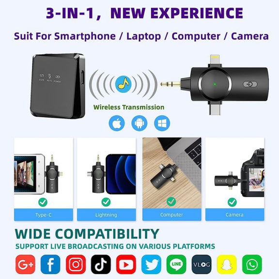 One by Two 3 in 1 Mini Wireless Lavalier Microphone for iPhone / iPad / Android / PC Camera