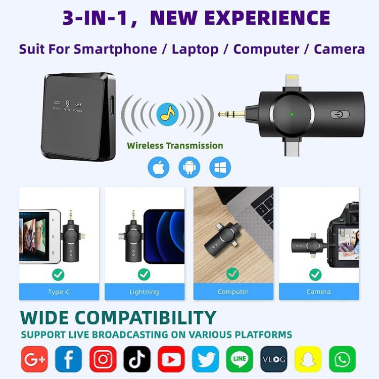 One by Two 3 in 1 Mini Wireless Lavalier Microphone for iPhone / iPad / Android / PC Camera
