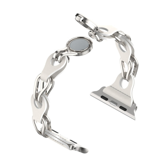 For Apple Watch SE 44mm Hollow Leather Chain Magnetic Buckle Watch Band(White)