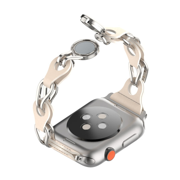 For Apple Watch SE 44mm Hollow Leather Chain Magnetic Buckle Watch Band(Starlight Color)