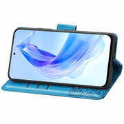 For Honor 90 Lite Butterfly Love Flower Embossed Leather Phone Case(Blue)