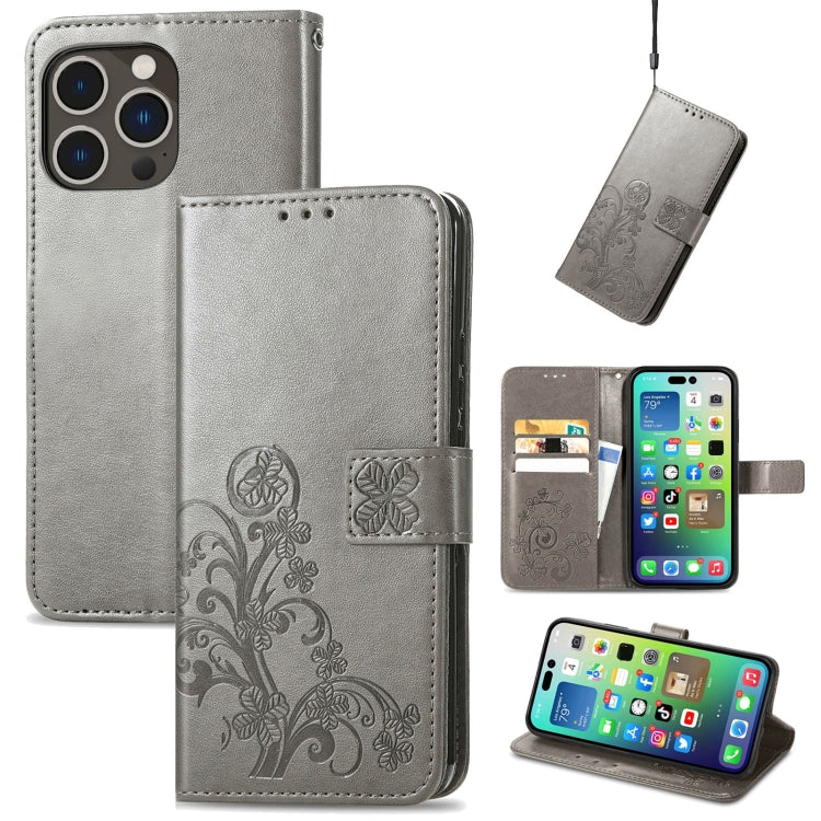 For iPhone 15 Pro Four-leaf Clasp Embossed Buckle Leather Phone Case(Gray) - iPhone 15 Pro Cases by PMC TechLife | Online Shopping South Africa | PMC TechLife