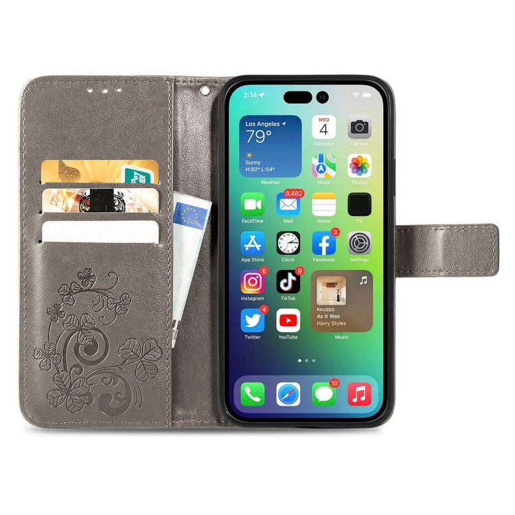 For iPhone 15 Pro Four-leaf Clasp Embossed Buckle Leather Phone Case(Gray) - iPhone 15 Pro Cases by PMC TechLife | Online Shopping South Africa | PMC TechLife