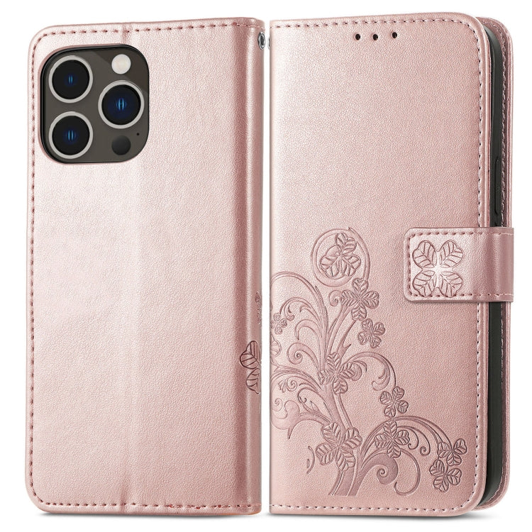 For iPhone 15 Pro Max Four-leaf Clasp Embossed Buckle Leather Phone Case(Rose Gold)