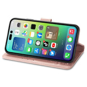 For iPhone 15 Pro Max Four-leaf Clasp Embossed Buckle Leather Phone Case(Rose Gold)