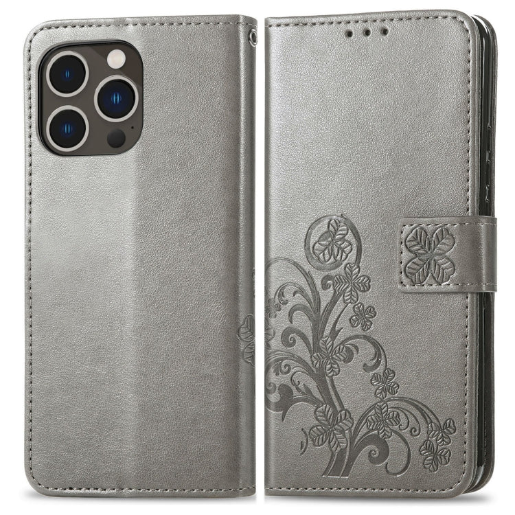 For iPhone 15 Pro Max Four-leaf Clasp Embossed Buckle Leather Phone Case(Gray) - iPhone 15 Pro Max Cases by PMC TechLife | Online Shopping South Africa | PMC TechLife