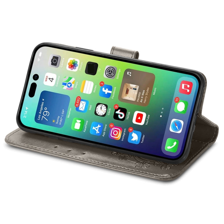 For iPhone 15 Pro Max Four-leaf Clasp Embossed Buckle Leather Phone Case(Gray) - iPhone 15 Pro Max Cases by PMC TechLife | Online Shopping South Africa | PMC TechLife