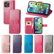 For iPhone 15 Pro Max Four-leaf Clasp Embossed Buckle Leather Phone Case(Rose Gold)