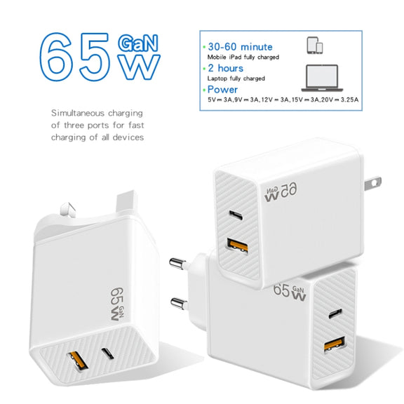 GaN PD48W Type-C PD3.0 + USB3.0 Notebook Adapter for  MacBook Series ，EU Plug(Black)