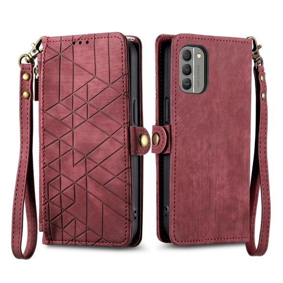 For Nokia C32 Geometric Zipper Wallet Side Buckle Leather Phone Case(Red)