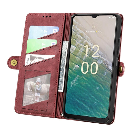 For Nokia C32 Geometric Zipper Wallet Side Buckle Leather Phone Case(Red)