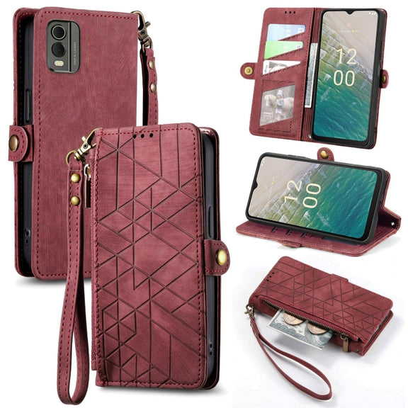 For Nokia C32 Geometric Zipper Wallet Side Buckle Leather Phone Case(Red)