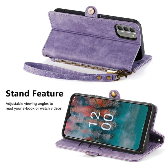 For Nokia C12 Geometric Zipper Wallet Side Buckle Leather Phone Case(Purple)