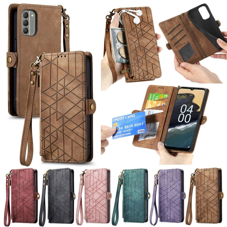 For Nokia C12 Geometric Zipper Wallet Side Buckle Leather Phone Case(Purple)